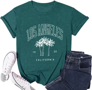 Womens Los Angeles California T-Shirts Summer Beach Cute Printed Short Sleeve Cotton Casual Graphic Tee Tops