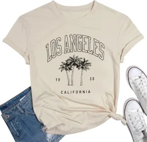 Womens Los Angeles California T-Shirts Summer Beach Cute Printed Short Sleeve Cotton Casual Graphic Tee Tops