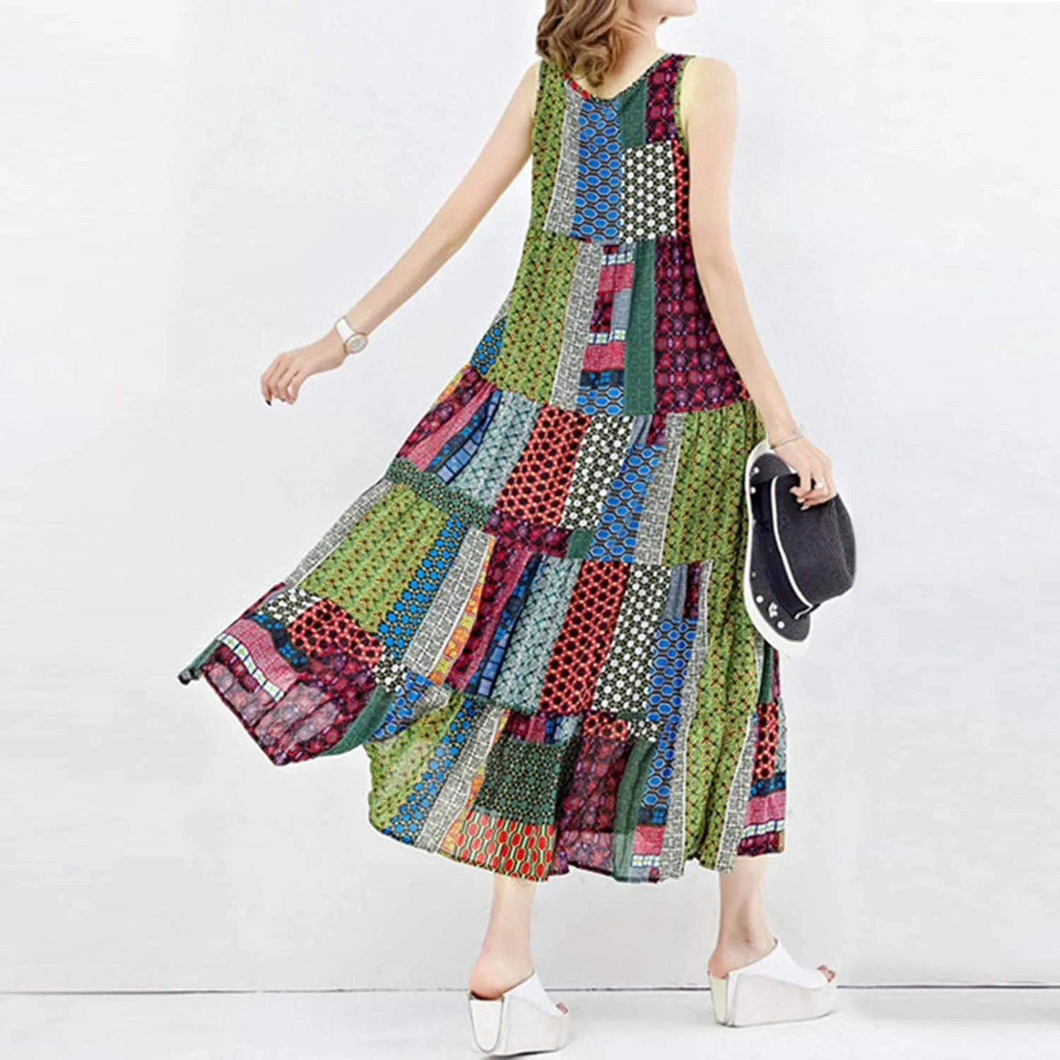 Women's Midi Long Dress Plus Size Summer Sleeveless O Neck Casual Loose Tunic Dresses Vintage Graphic Print Sundress
