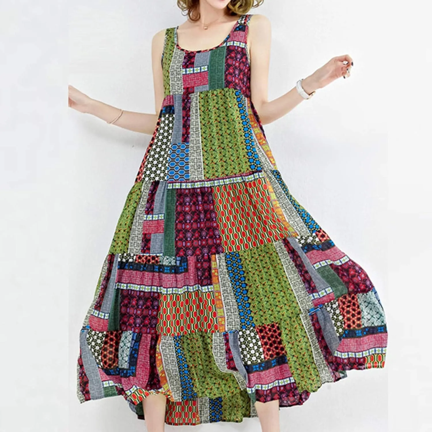 Women's Midi Long Dress Plus Size Summer Sleeveless O Neck Casual Loose Tunic Dresses Vintage Graphic Print Sundress