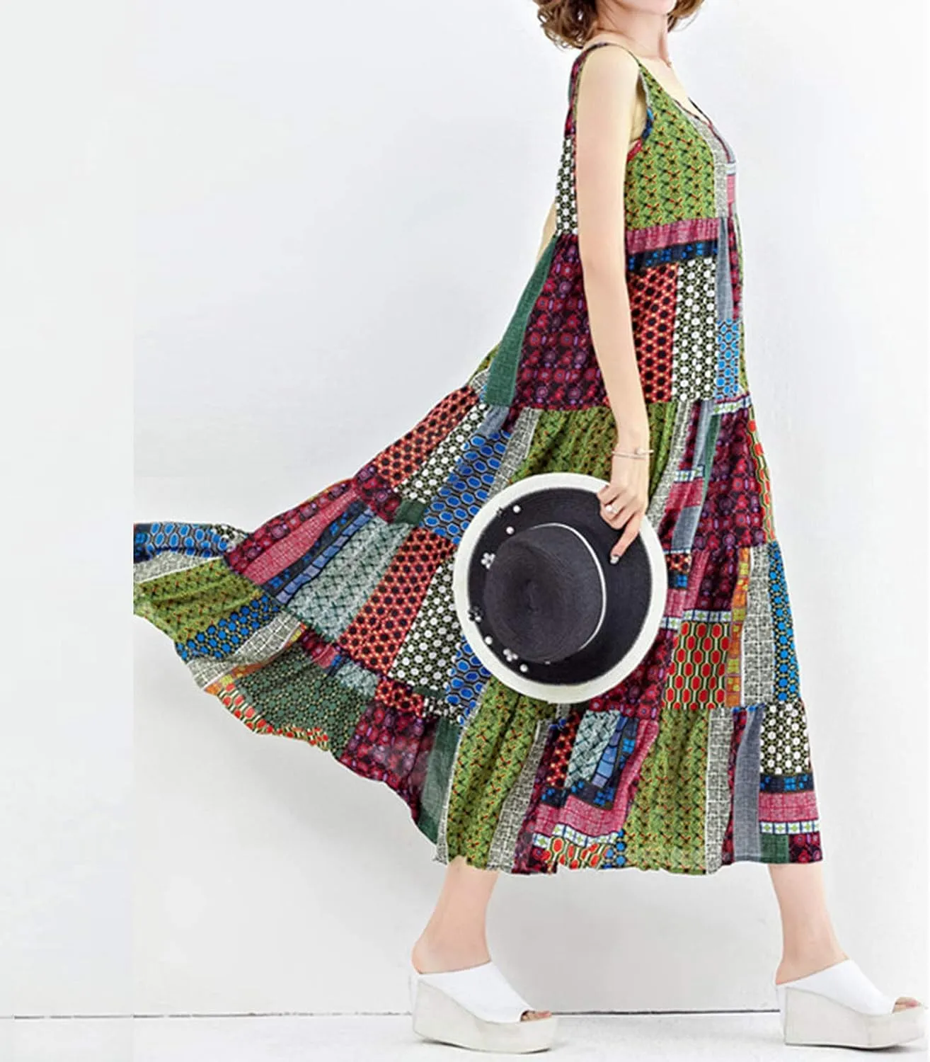 Women's Midi Long Dress Plus Size Summer Sleeveless O Neck Casual Loose Tunic Dresses Vintage Graphic Print Sundress