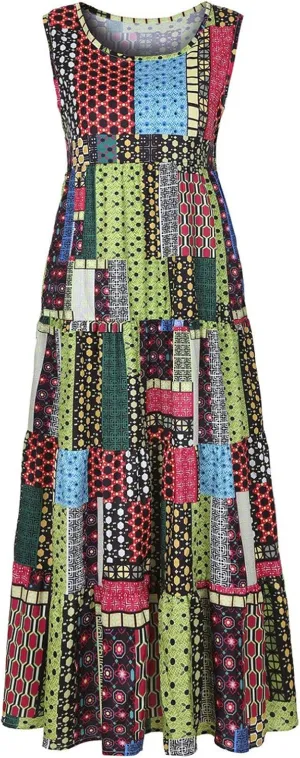 Women's Midi Long Dress Plus Size Summer Sleeveless O Neck Casual Loose Tunic Dresses Vintage Graphic Print Sundress