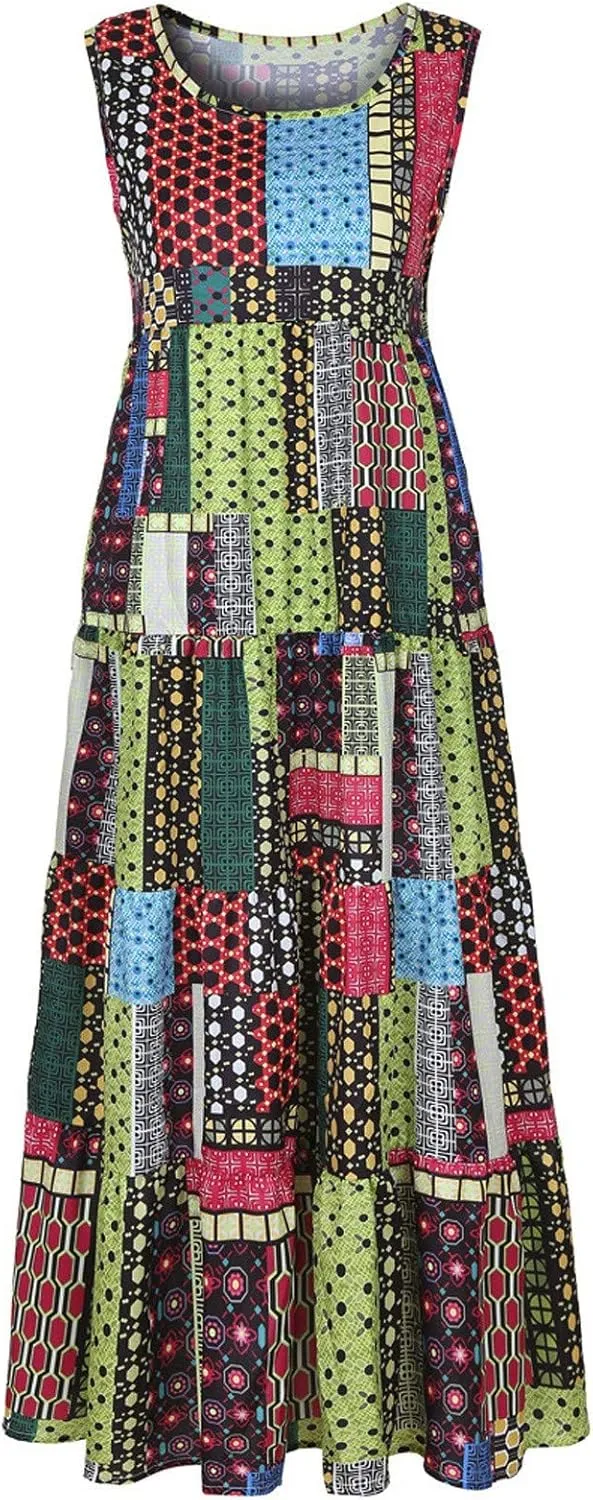 Women's Midi Long Dress Plus Size Summer Sleeveless O Neck Casual Loose Tunic Dresses Vintage Graphic Print Sundress