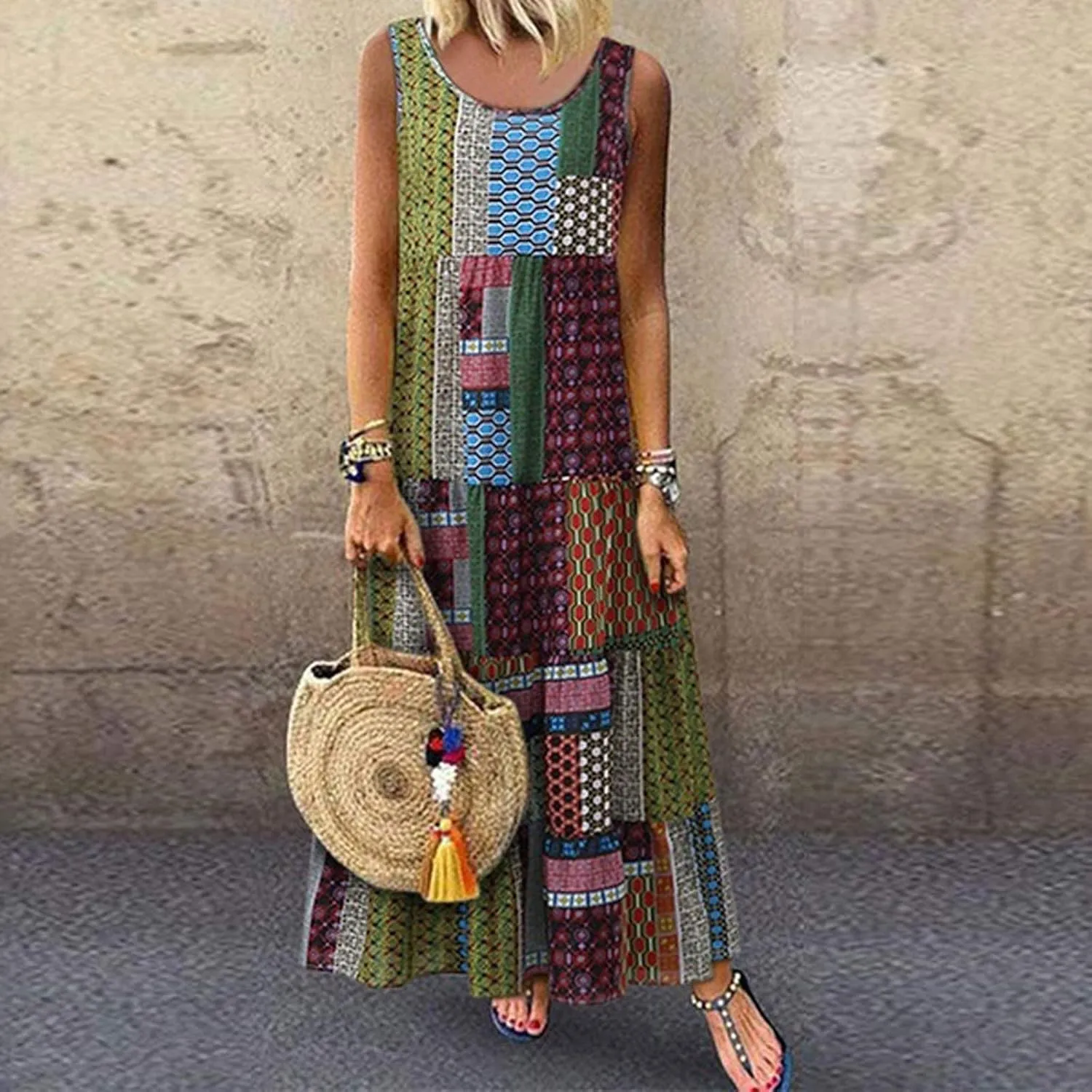 Women's Midi Long Dress Plus Size Summer Sleeveless O Neck Casual Loose Tunic Dresses Vintage Graphic Print Sundress