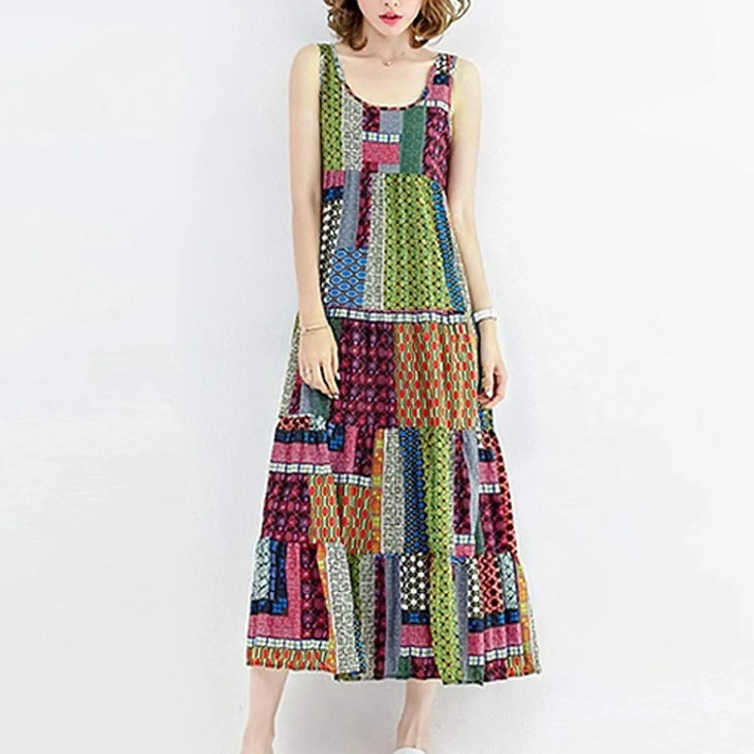 Women's Midi Long Dress Plus Size Summer Sleeveless O Neck Casual Loose Tunic Dresses Vintage Graphic Print Sundress