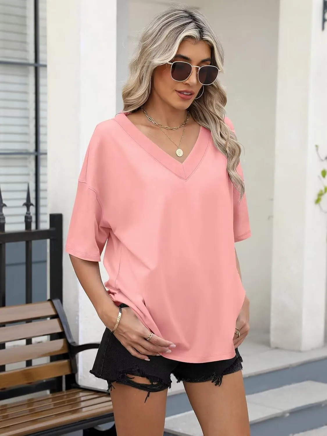 Womens Oversized T Shirts Ribbed Trim V Neck Short Sleeve Tops Summer Cotton Tees Loose Fit 2025