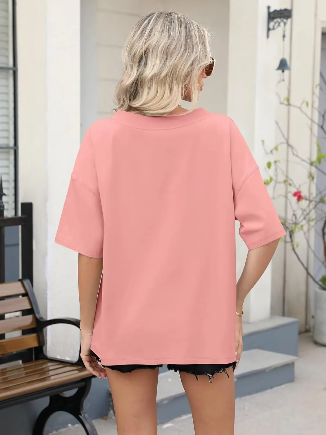 Womens Oversized T Shirts Ribbed Trim V Neck Short Sleeve Tops Summer Cotton Tees Loose Fit 2025
