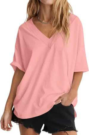 Womens Oversized T Shirts Ribbed Trim V Neck Short Sleeve Tops Summer Cotton Tees Loose Fit 2025