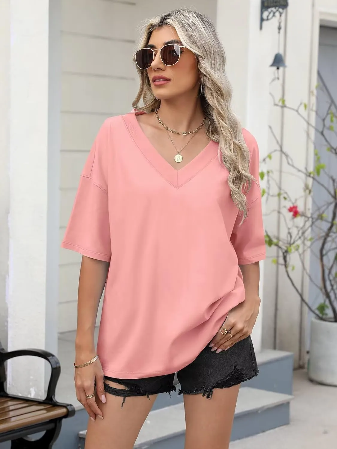 Womens Oversized T Shirts Ribbed Trim V Neck Short Sleeve Tops Summer Cotton Tees Loose Fit 2025