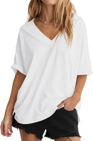 Womens Oversized T Shirts Ribbed Trim V Neck Short Sleeve Tops Summer Cotton Tees Loose Fit 2025