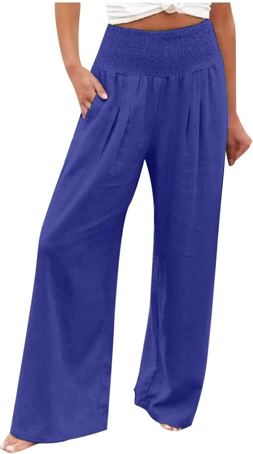 Womens Pants Elastic Waist Casual Summer High Waisted Linen Wide Leg Pant Loose Long Lounge Trousers with Pockets