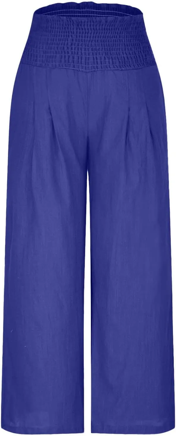 Womens Pants Elastic Waist Casual Summer High Waisted Linen Wide Leg Pant Loose Long Lounge Trousers with Pockets