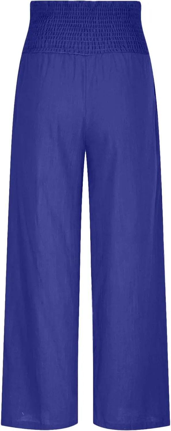 Womens Pants Elastic Waist Casual Summer High Waisted Linen Wide Leg Pant Loose Long Lounge Trousers with Pockets