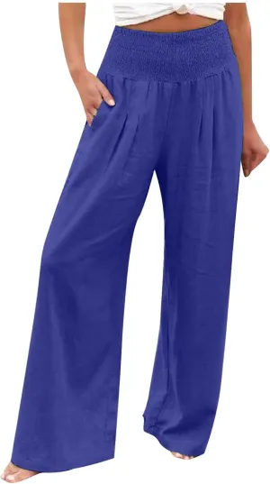 Womens Pants Elastic Waist Casual Summer High Waisted Linen Wide Leg Pant Loose Long Lounge Trousers with Pockets