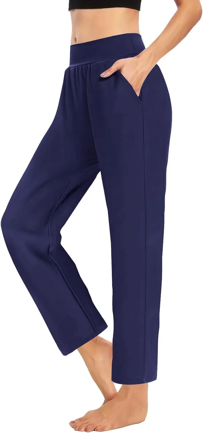 Womens Pants Formal Straight Wide Leg Baggy Fashion Trousers Elastic High Waist Casual Pants with Pockets