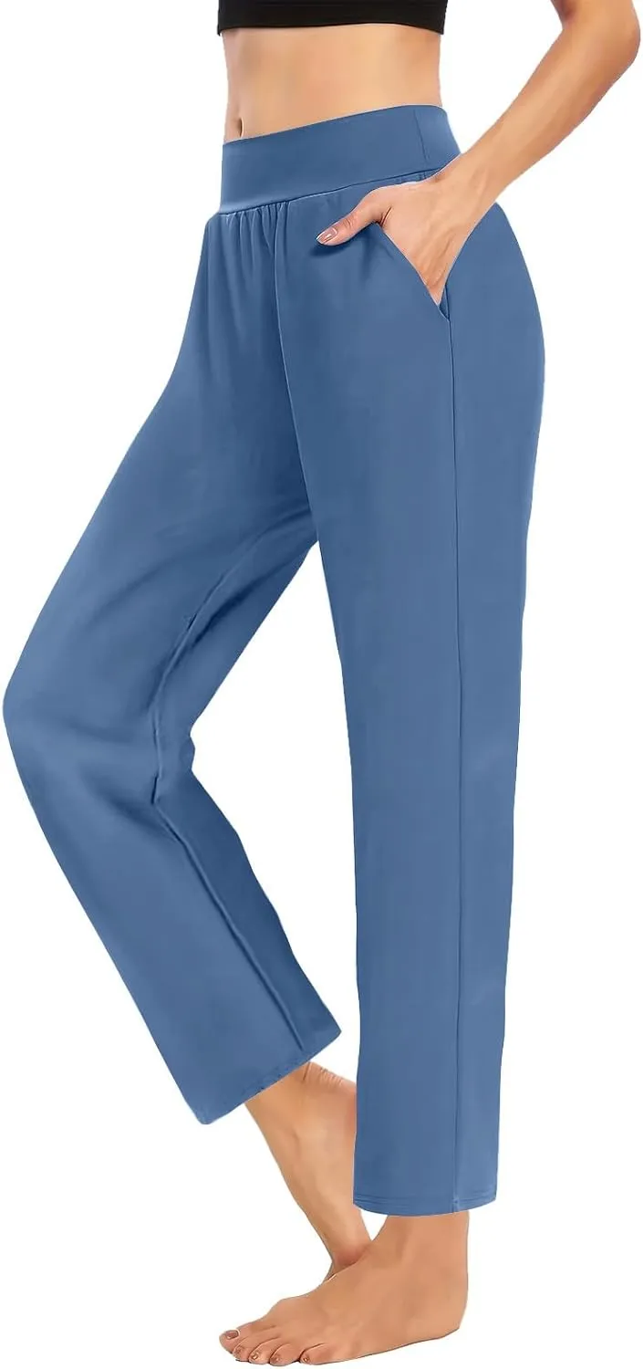Womens Pants Formal Straight Wide Leg Baggy Fashion Trousers Elastic High Waist Casual Pants with Pockets