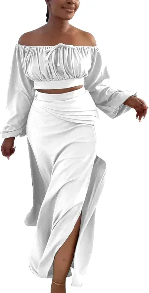 Women's Plus Size Basic Off Shoulder Suit Tube Top Sexy Strapless Side Slit Long Sleeve Two Piece Midi Club Dress
