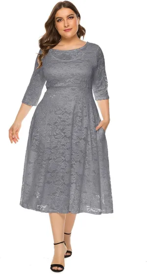 Women's Plus Size Lace Cocktail Dresses 3/4 Sleeve Vintage Floral Lace Party Midi Dress Wedding Guest Bridesmaid Prom Gown