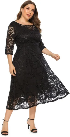 Women's Plus Size Lace Cocktail Dresses 3/4 Sleeve Vintage Floral Lace Party Midi Dress Wedding Guest Bridesmaid Prom Gown