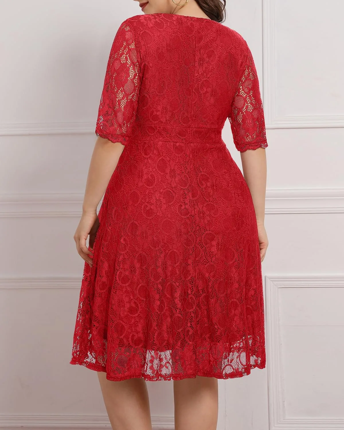 Women's Plus Size Wedding Guest Cocktail Party Semi Formal Lace Wrap V Neck Knee Length Dress