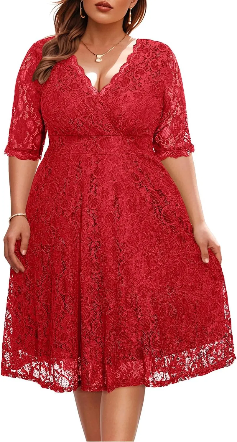 Women's Plus Size Wedding Guest Cocktail Party Semi Formal Lace Wrap V Neck Knee Length Dress