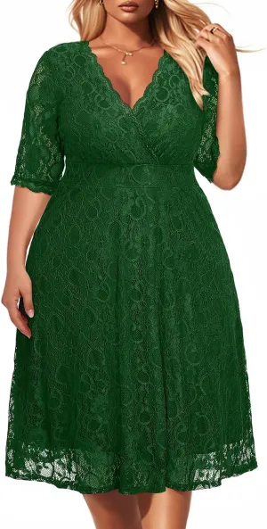 Women's Plus Size Wedding Guest Cocktail Party Semi Formal Lace Wrap V Neck Knee Length Dress