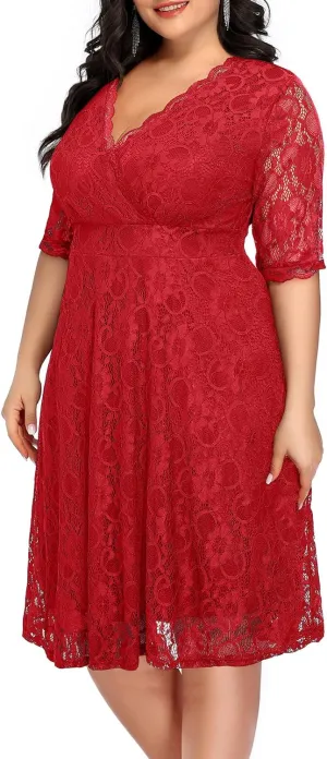 Women's Plus Size Wedding Guest Cocktail Party Semi Formal Lace Wrap V Neck Knee Length Dress