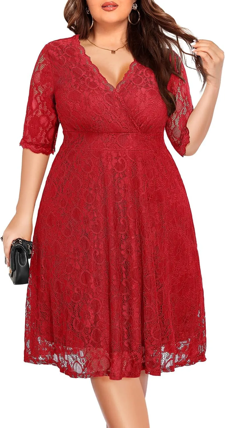 Women's Plus Size Wedding Guest Cocktail Party Semi Formal Lace Wrap V Neck Knee Length Dress