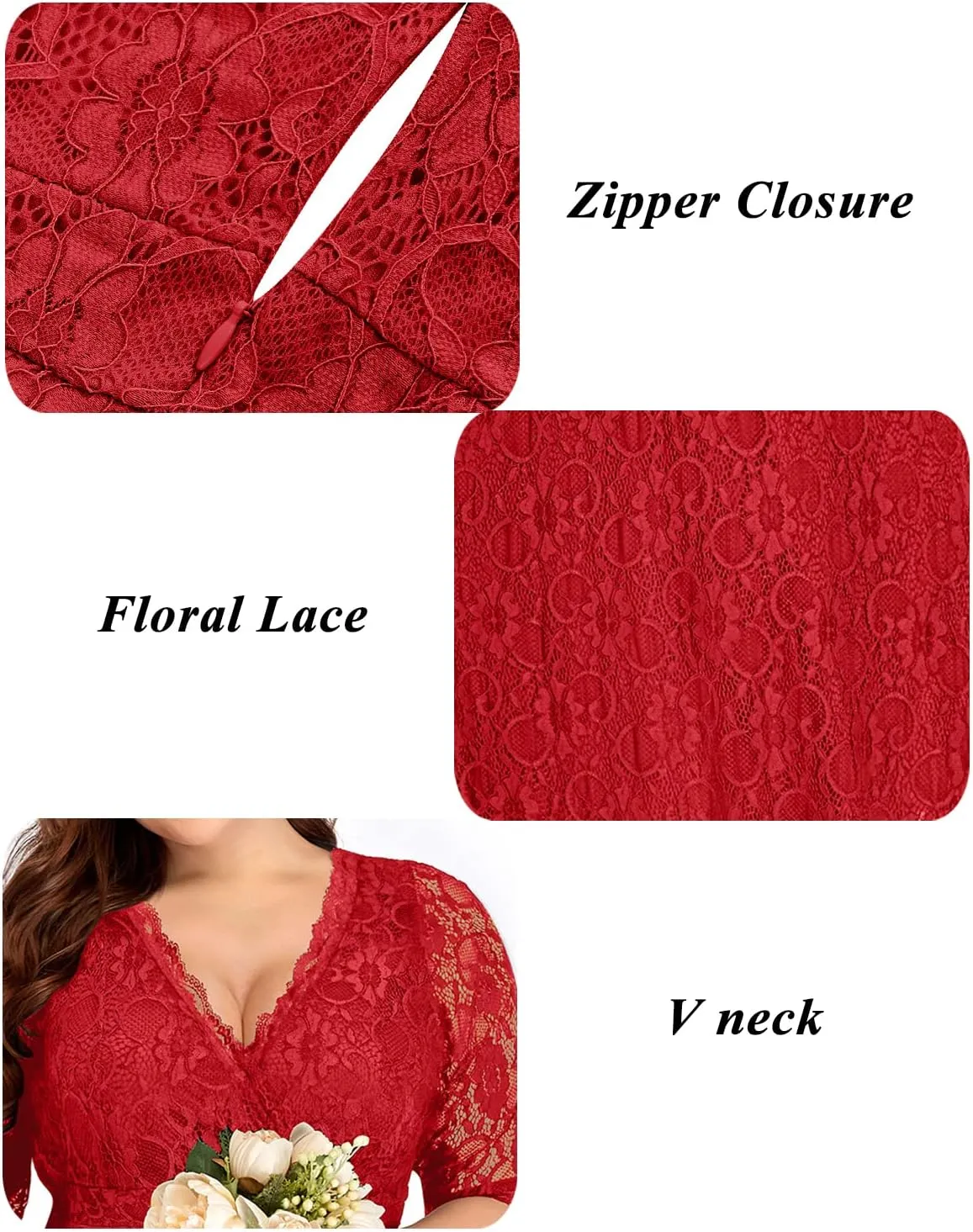 Women's Plus Size Wedding Guest Cocktail Party Semi Formal Lace Wrap V Neck Knee Length Dress
