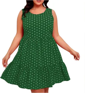 Womens Polka Dots A-Line Tank Dress Summer Sleeveless Crewneck Flowy Sundress Casual Loose Ruffle Hem Mini Dresses