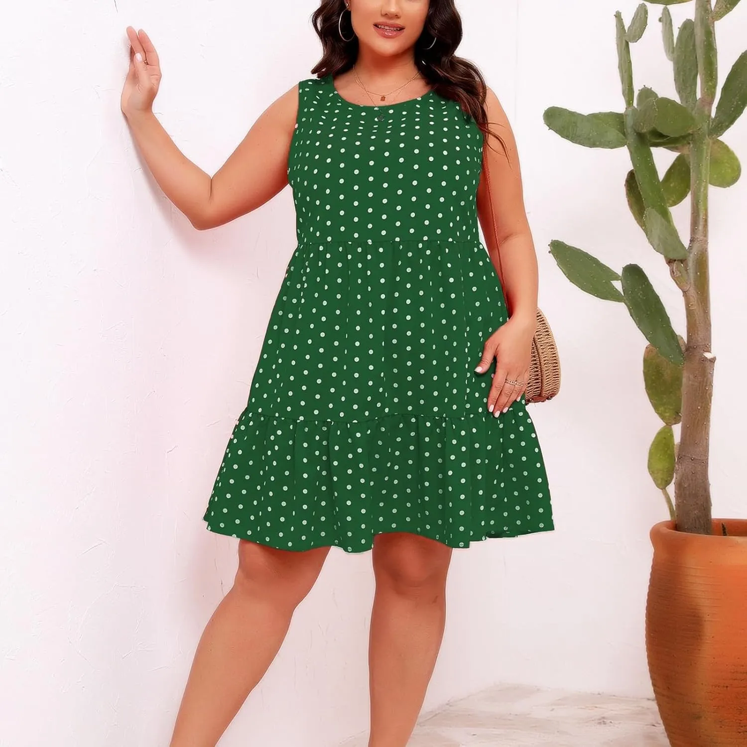 Womens Polka Dots A-Line Tank Dress Summer Sleeveless Crewneck Flowy Sundress Casual Loose Ruffle Hem Mini Dresses
