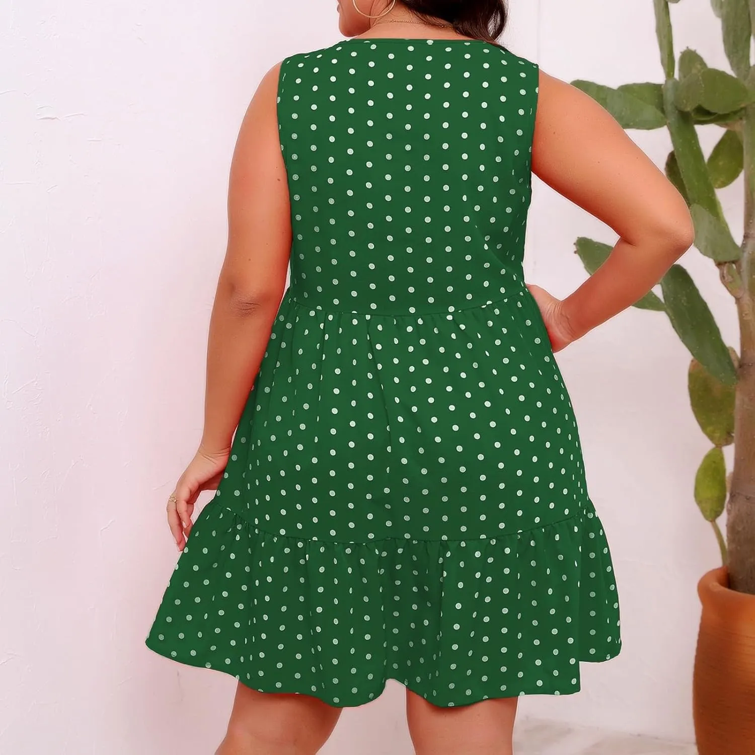 Womens Polka Dots A-Line Tank Dress Summer Sleeveless Crewneck Flowy Sundress Casual Loose Ruffle Hem Mini Dresses
