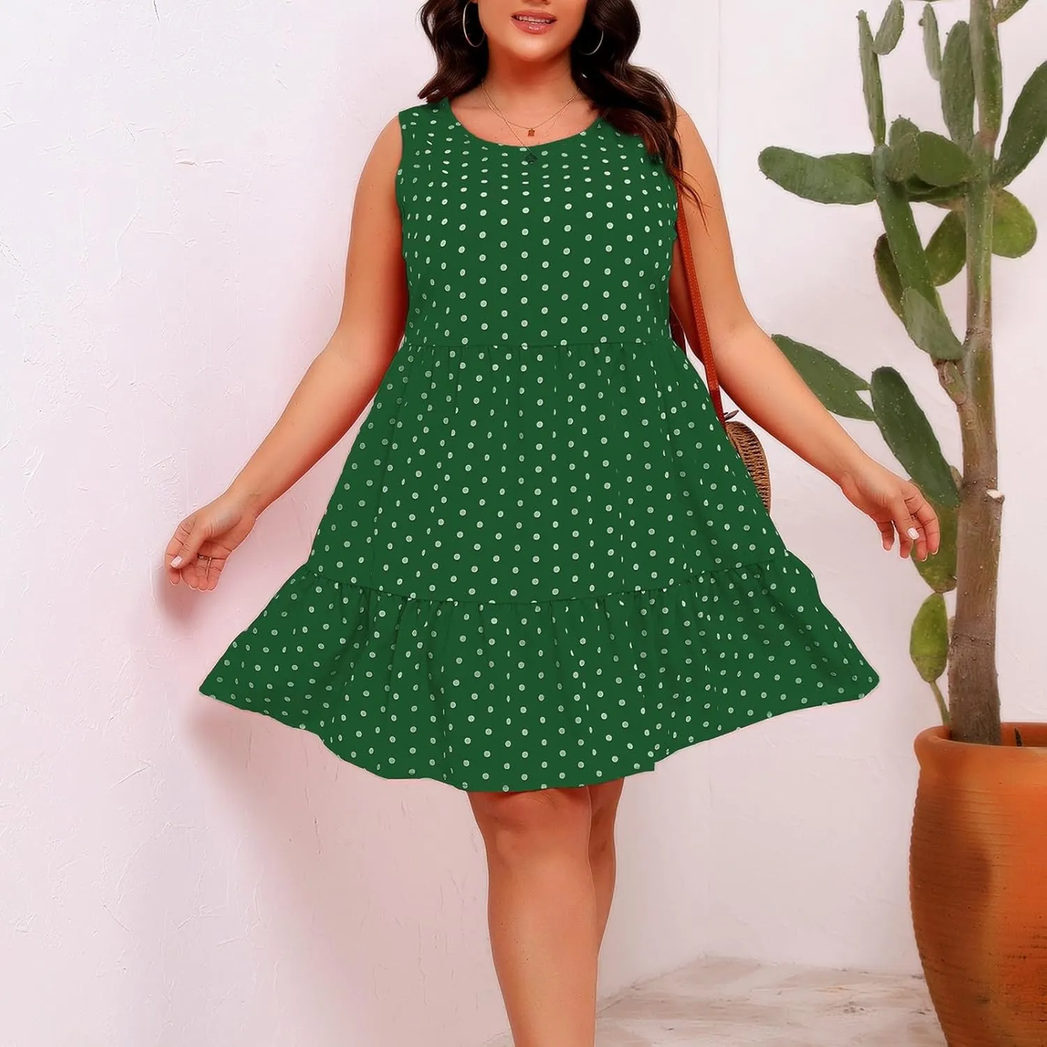 Womens Polka Dots A-Line Tank Dress Summer Sleeveless Crewneck Flowy Sundress Casual Loose Ruffle Hem Mini Dresses
