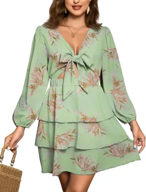 Women's Puff Sleeves Floral Short Dress Tie Front V Neck Short Sleeve Tiered Ruffle Boho Mini Dresses