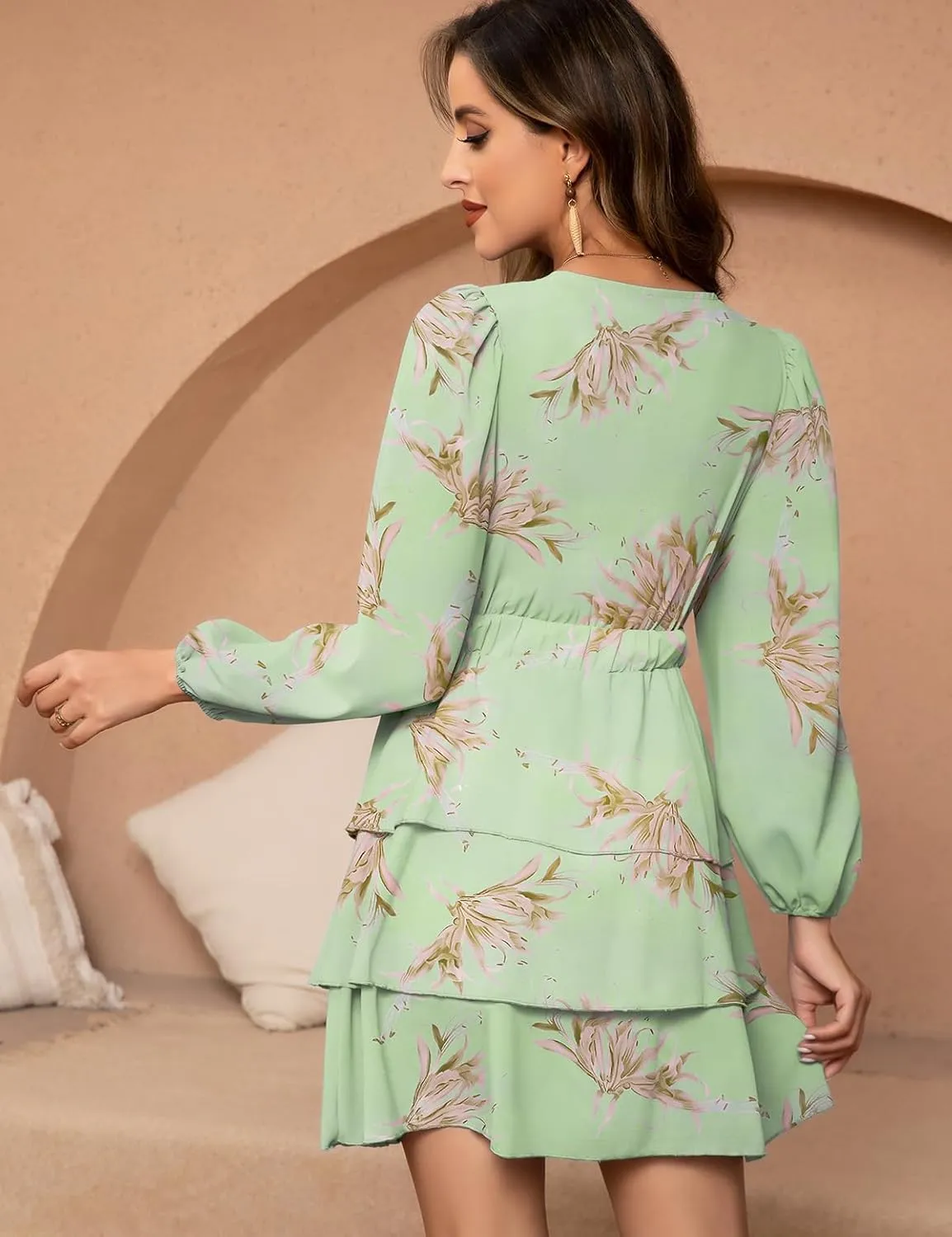 Women's Puff Sleeves Floral Short Dress Tie Front V Neck Short Sleeve Tiered Ruffle Boho Mini Dresses