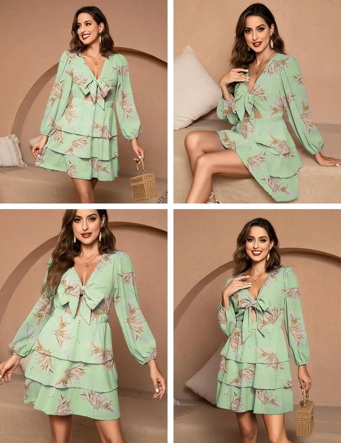Women's Puff Sleeves Floral Short Dress Tie Front V Neck Short Sleeve Tiered Ruffle Boho Mini Dresses