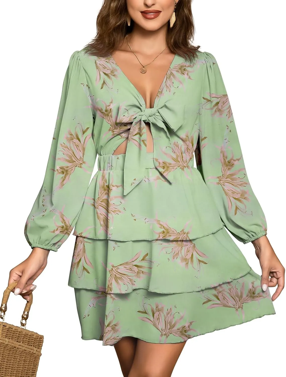 Women's Puff Sleeves Floral Short Dress Tie Front V Neck Short Sleeve Tiered Ruffle Boho Mini Dresses
