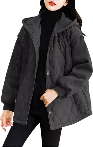 Womens Quilted Puffer Jacket Button Down Warm Hooded Jackets Cotton Jacket With Pockets Casual Loose Padded Coat