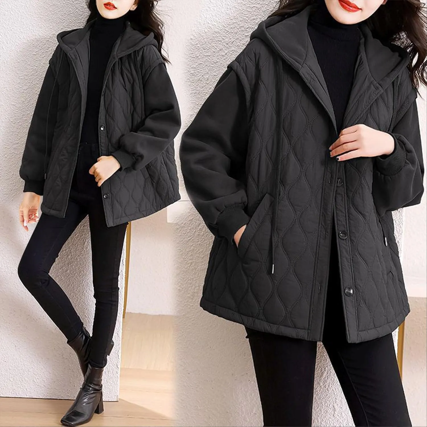Womens Quilted Puffer Jacket Button Down Warm Hooded Jackets Cotton Jacket With Pockets Casual Loose Padded Coat