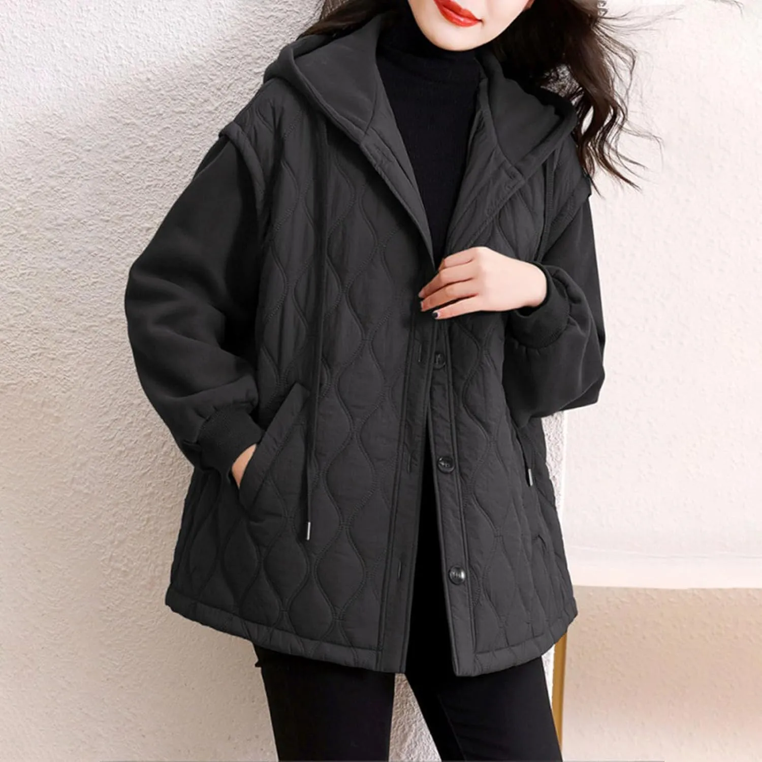 Womens Quilted Puffer Jacket Button Down Warm Hooded Jackets Cotton Jacket With Pockets Casual Loose Padded Coat