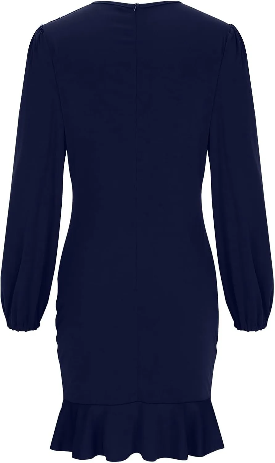 Women's Ruched Bodycon Dress Lantern Long Sleeve Ruffle Pencil Dress Comfy Cocktail Party Wedding Guest Mini Dresses