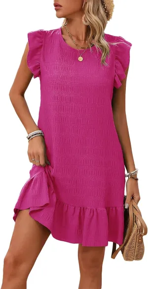 Women's Ruffle Hem Dress 2025 Summer Mini Sundress Casual Crewneck A Line Swing Beach Dresses