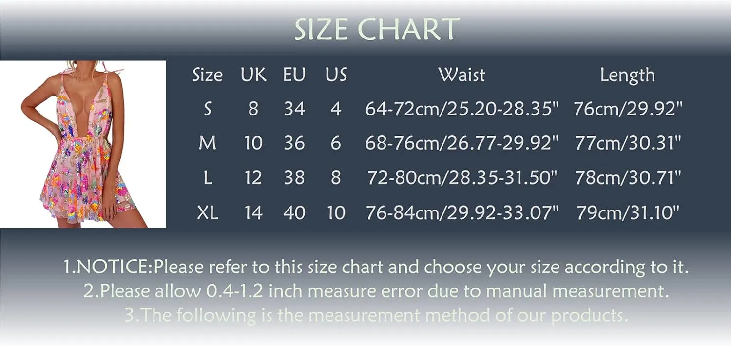 Women's Sequin Dress Sexy Sparkly Floral Summer Backless Deep V Low-Cut Shiny Strap Mini Dress for Party Cocktail Clubwear