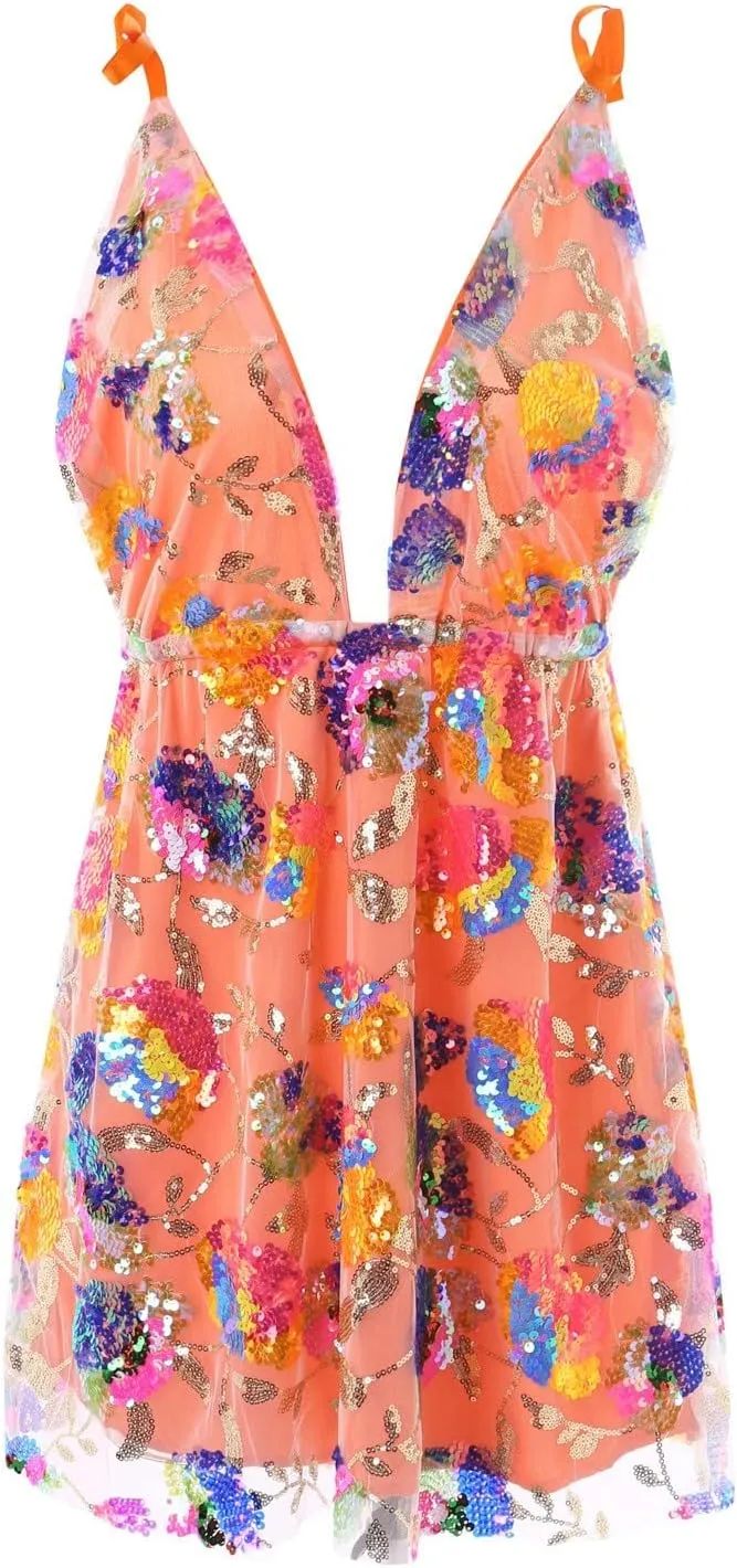 Women's Sequin Dress Sexy Sparkly Floral Summer Backless Deep V Low-Cut Shiny Strap Mini Dress for Party Cocktail Clubwear