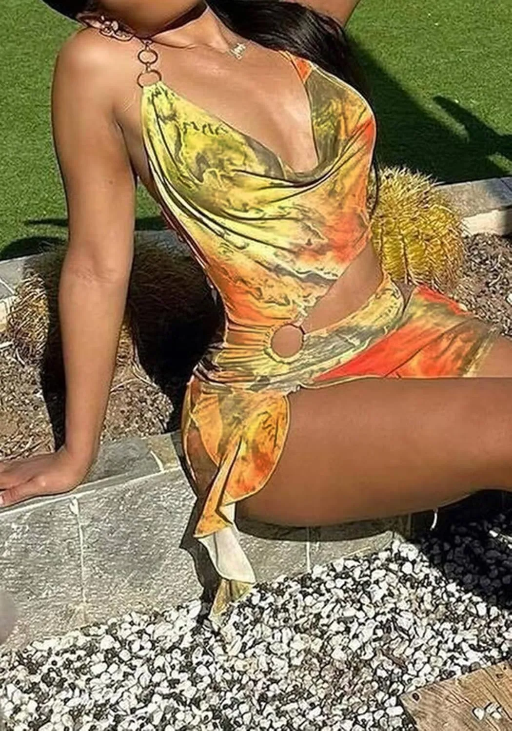 Women's Sheer Mesh Dress Sexy See Through Floral Cut Out Beach Club Bodycon Halter Dress