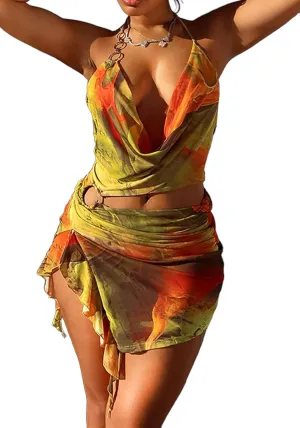 Women's Sheer Mesh Dress Sexy See Through Floral Cut Out Beach Club Bodycon Halter Dress