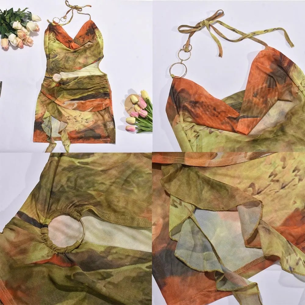 Women's Sheer Mesh Dress Sexy See Through Floral Cut Out Beach Club Bodycon Halter Dress