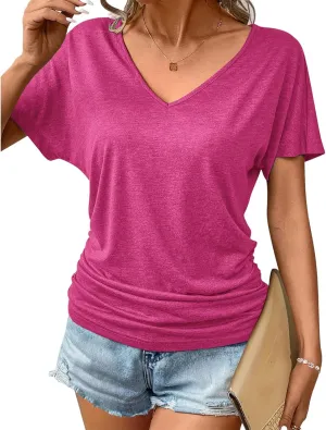 Womens Shirts Fashion Summer V Neck T Shirts Casual Short Sleeve Tops Loose Fit Tees Tops Solid Color Work Blouses
