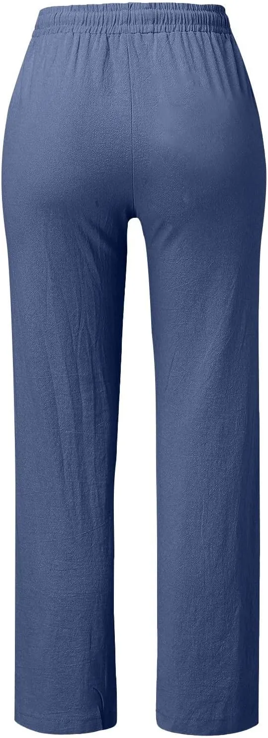 Womens Spring Pants Linen Outfits 2025 Vacation Solid Button Decorations Pants with Pockets Slim Drawstring Yoga Sweatpants