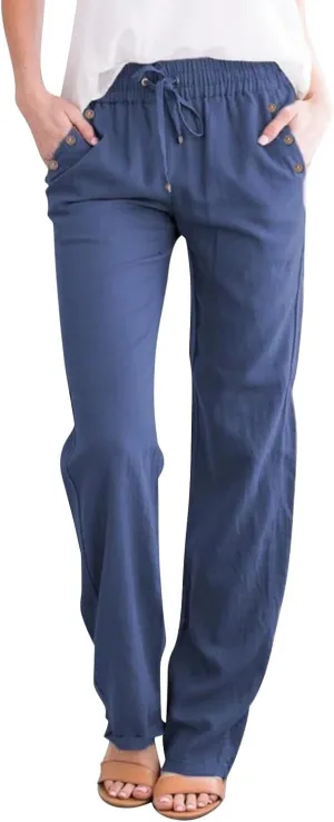 Womens Spring Pants Linen Outfits 2025 Vacation Solid Button Decorations Pants with Pockets Slim Drawstring Yoga Sweatpants